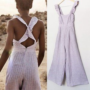 Anthropologie Elevenses Linen Nantucket Ruffle Wide Leg Jumpsuit Lavender $148
